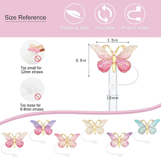 SEMATA 6PCS Cute Butterfly Straw Cover Cap for Stanley Cup Accessories,Bling Straw Toppers for Stanley Tumbler 40&30 oz,Reusable Straws Tips Protectors Compatible with 10mm Straws
