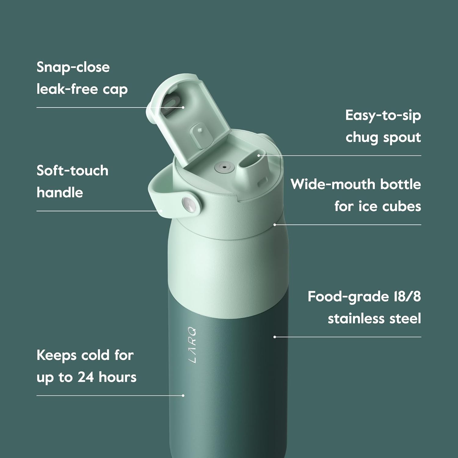 LARQ Twice as Nice Set Bottle Swig Top 34oz - Insulated Stainless Steel Water Bottle With Built-In Silicone Handle, Eucalyptus Green & Luberon Lavender