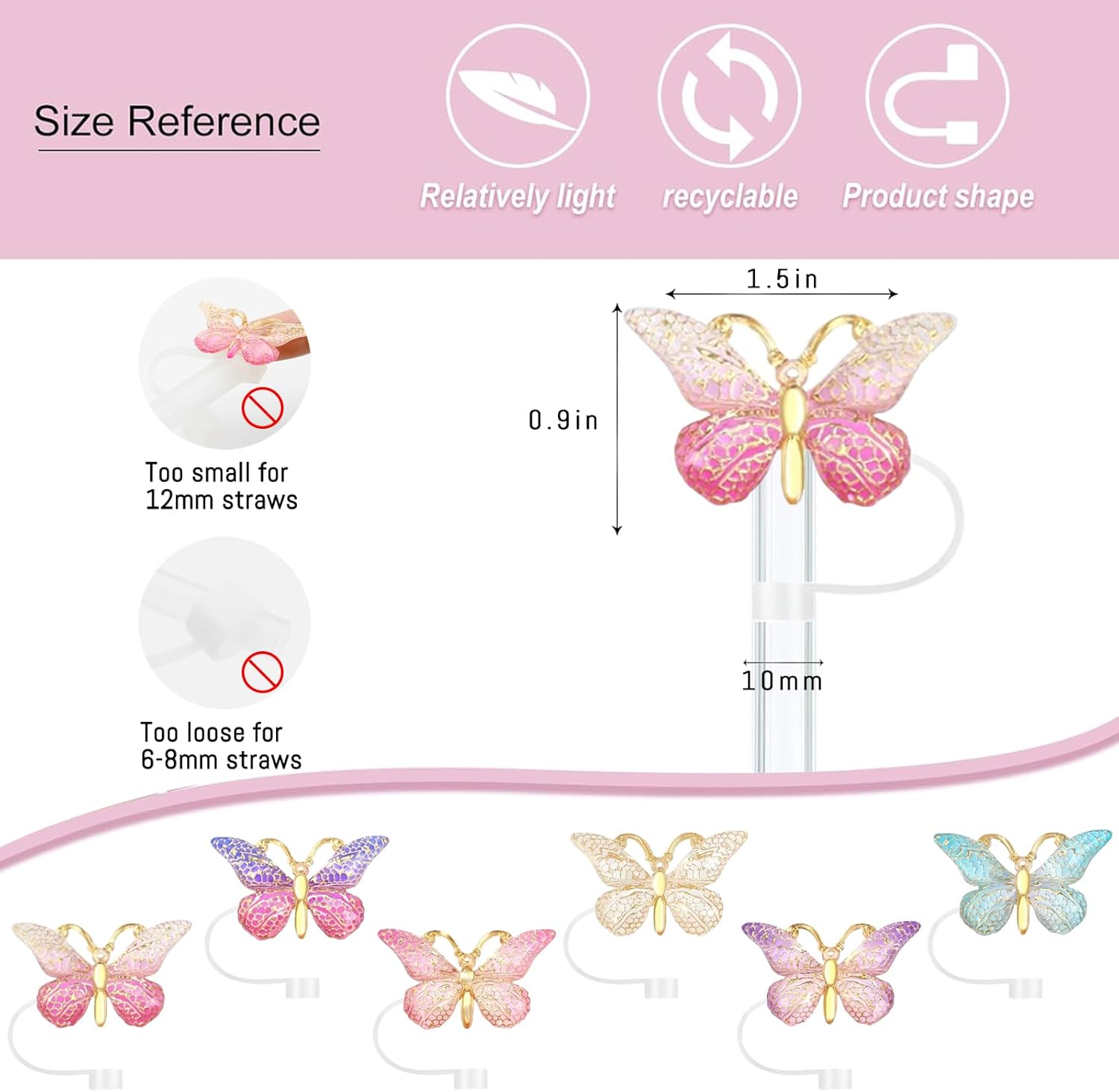 SEMATA 6PCS Cute Butterfly Straw Cover Cap for Stanley Cup Accessories,Bling Straw Toppers for Stanley Tumbler 40&30 oz,Reusable Straws Tips Protectors Compatible with 10mm Straws