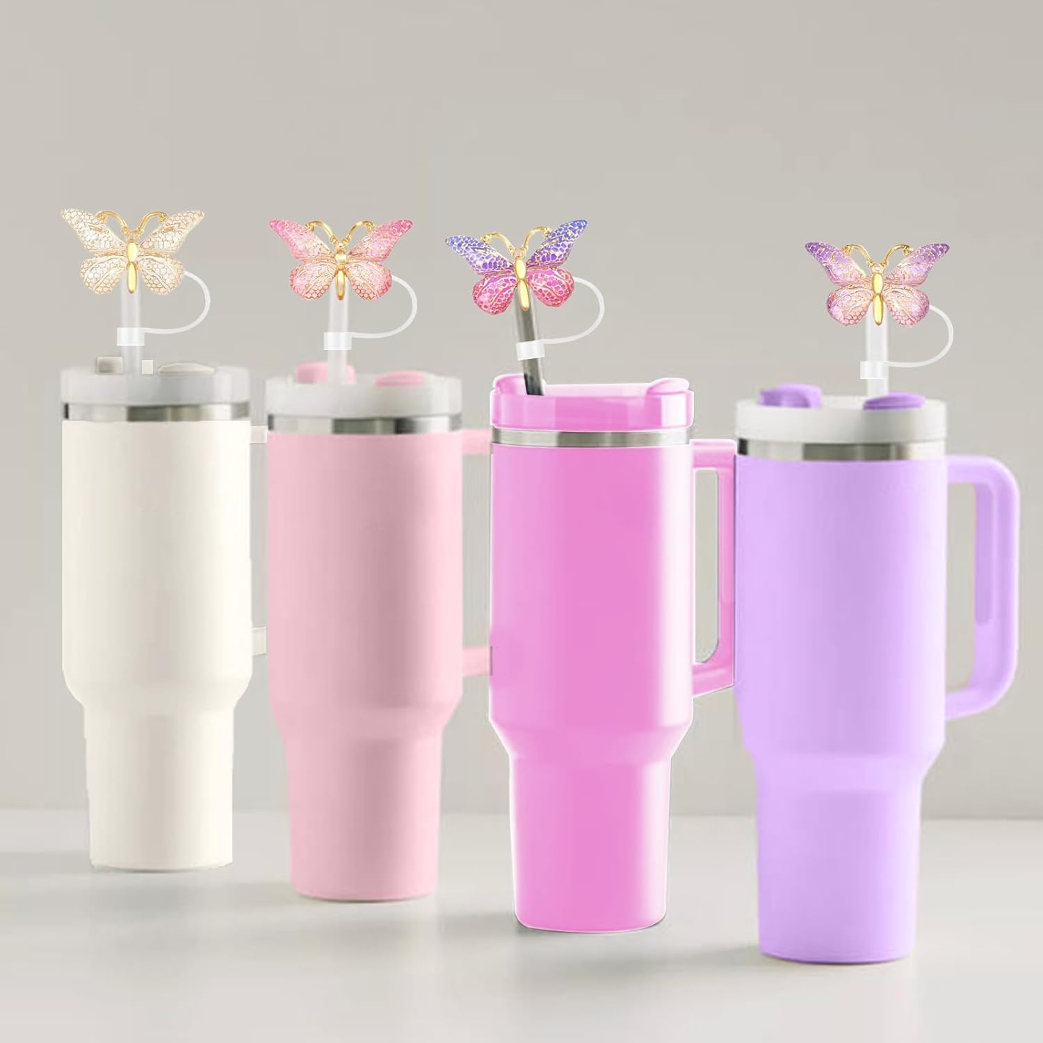SEMATA 6PCS Cute Butterfly Straw Cover Cap for Stanley Cup Accessories,Bling Straw Toppers for Stanley Tumbler 40&30 oz,Reusable Straws Tips Protectors Compatible with 10mm Straws