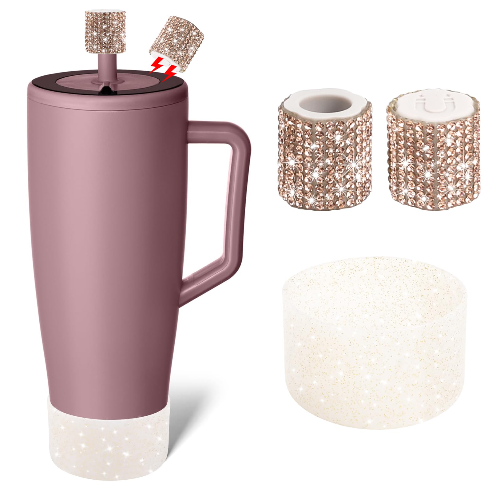 SLEILIN Silicone Boot and Rhinestone Magnetic Straw Cover Cap Compatible with BrüMate Era | Anti-Slip Silicone Protector for 40 oz Tumbler with Handle | Accessory Set for Stainless Steel Drinking Cup