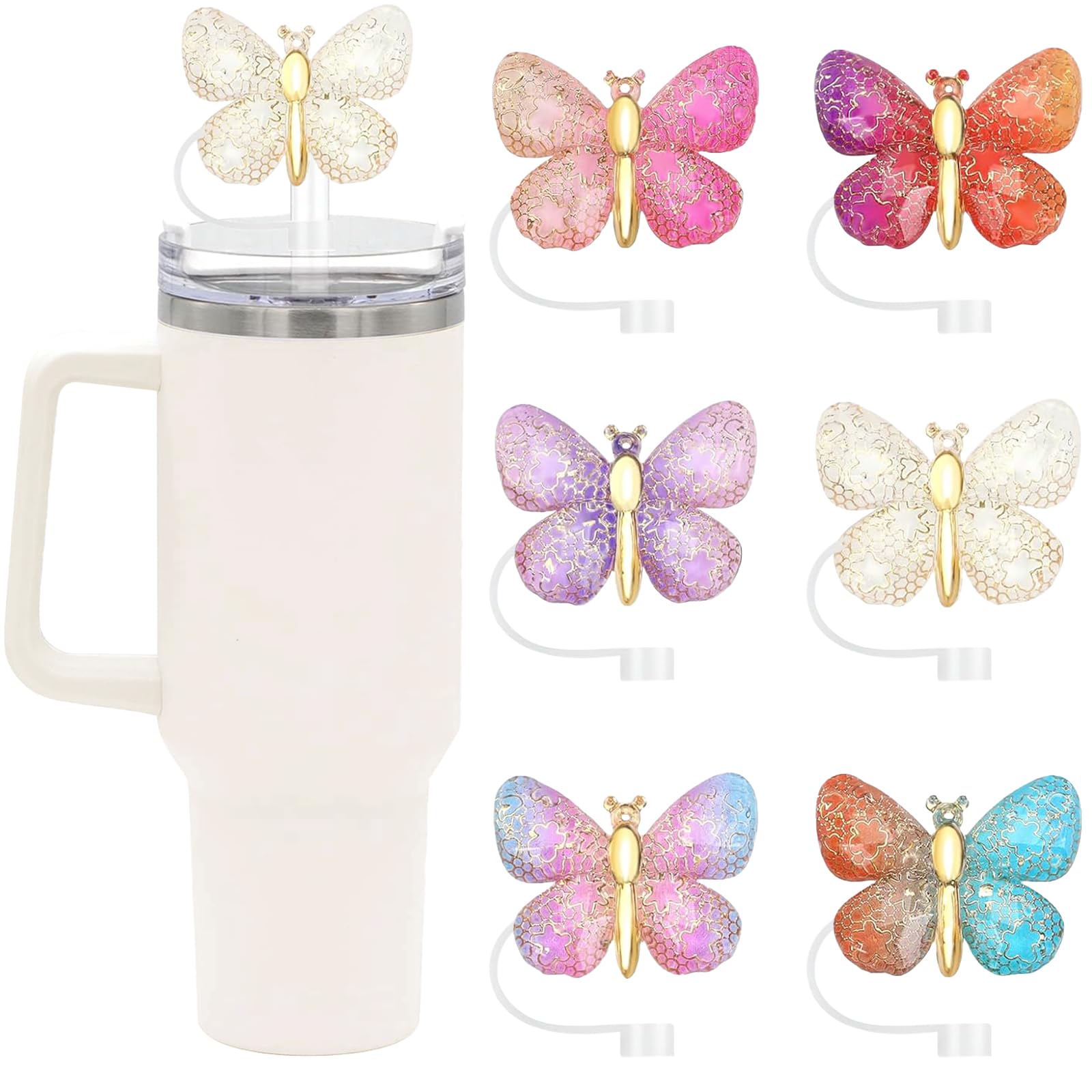 SEMATA 6PCS Cute Butterfly Straw Cover Cap for Stanley Cup Accessories,Bling Straw Toppers for Stanley Tumbler 40&30 oz,Reusable Straws Tips Protectors Compatible with 10mm Straws