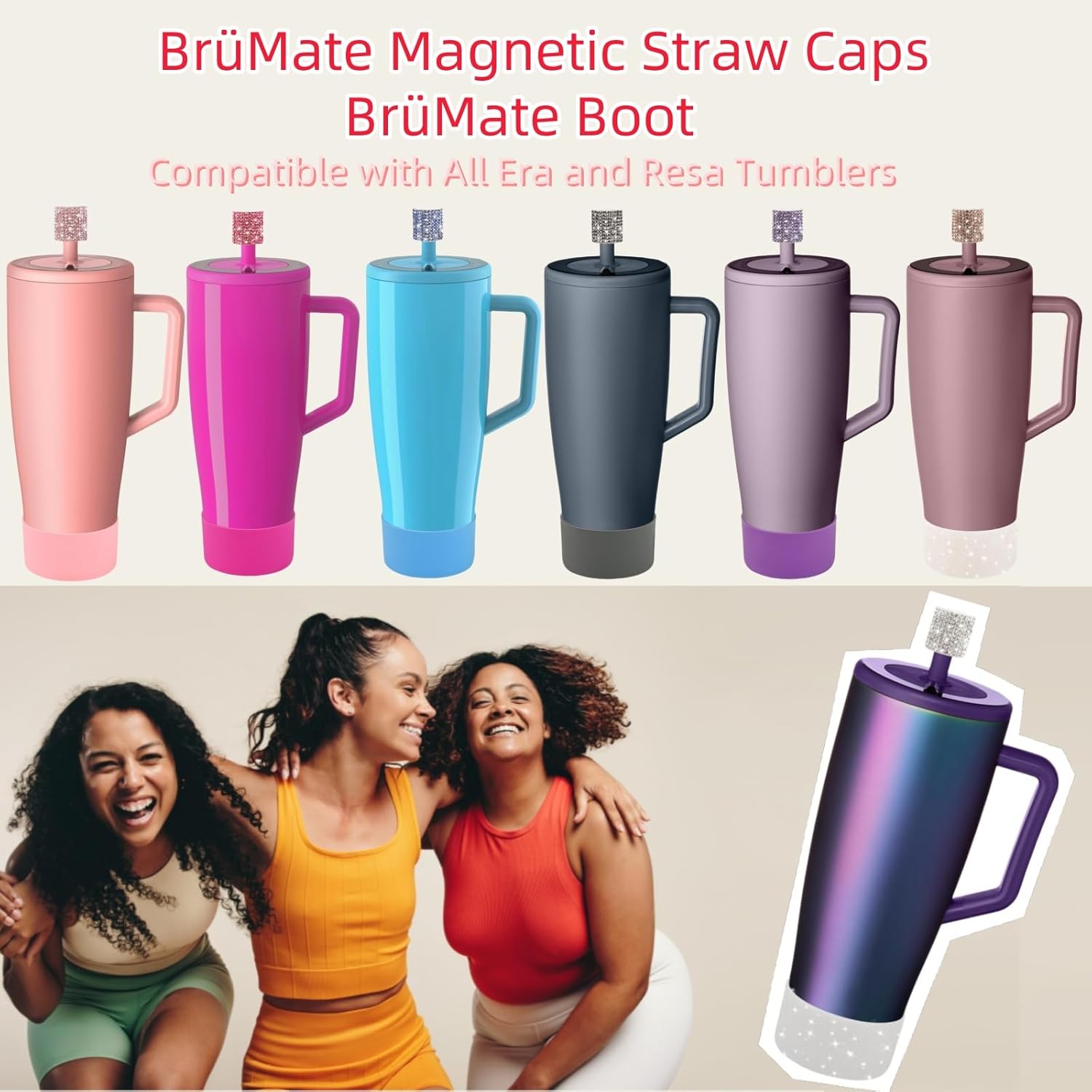 SLEILIN Silicone Boot and Rhinestone Magnetic Straw Cover Cap Compatible with BrüMate Era | Anti-Slip Silicone Protector for 40 oz Tumbler with Handle | Accessory Set for Stainless Steel Drinking Cup