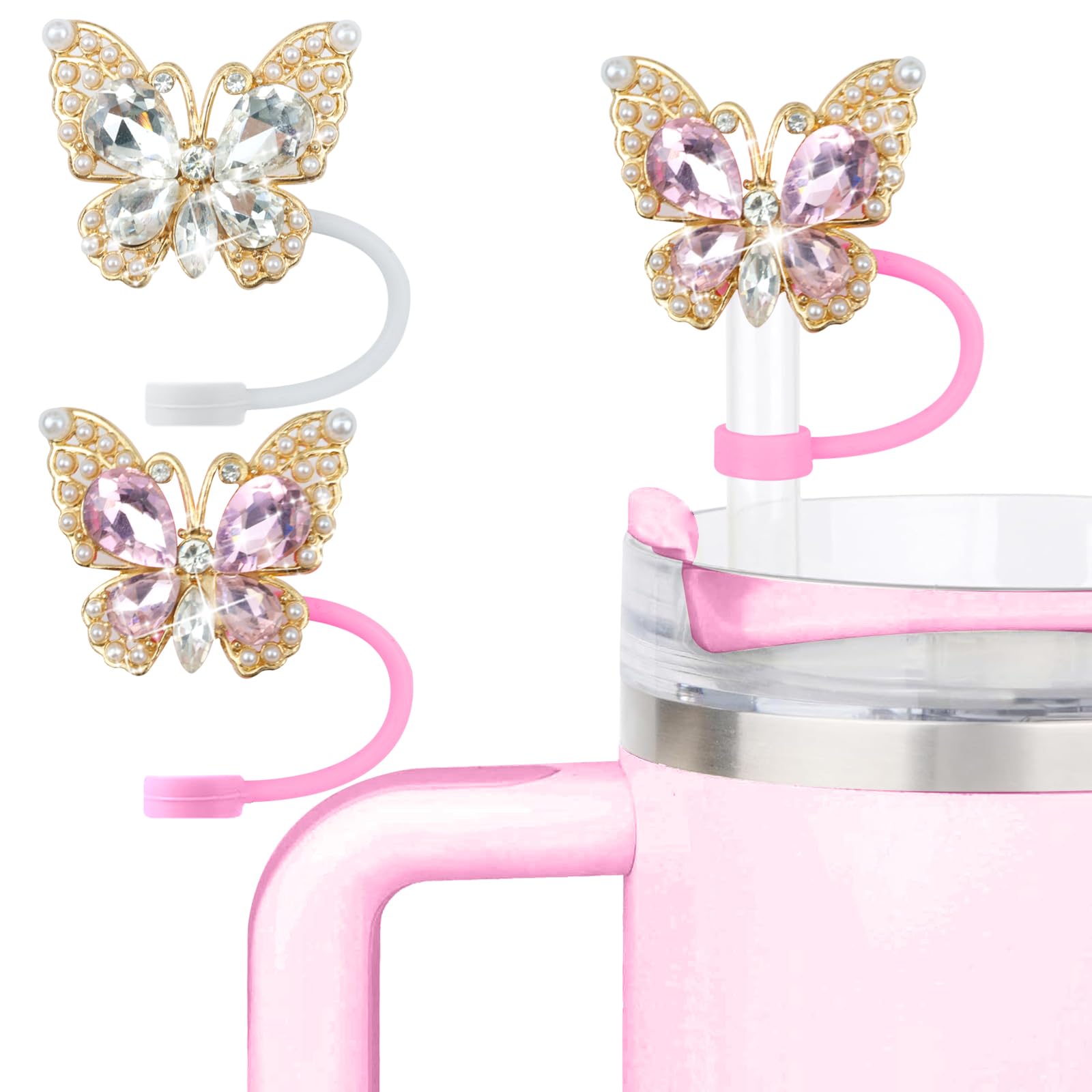 SEMATA 6PCS Cute Butterfly Straw Cover Cap for Stanley Cup Accessories,Bling Straw Toppers for Stanley Tumbler 40&30 oz,Reusable Straws Tips Protectors Compatible with 10mm Straws