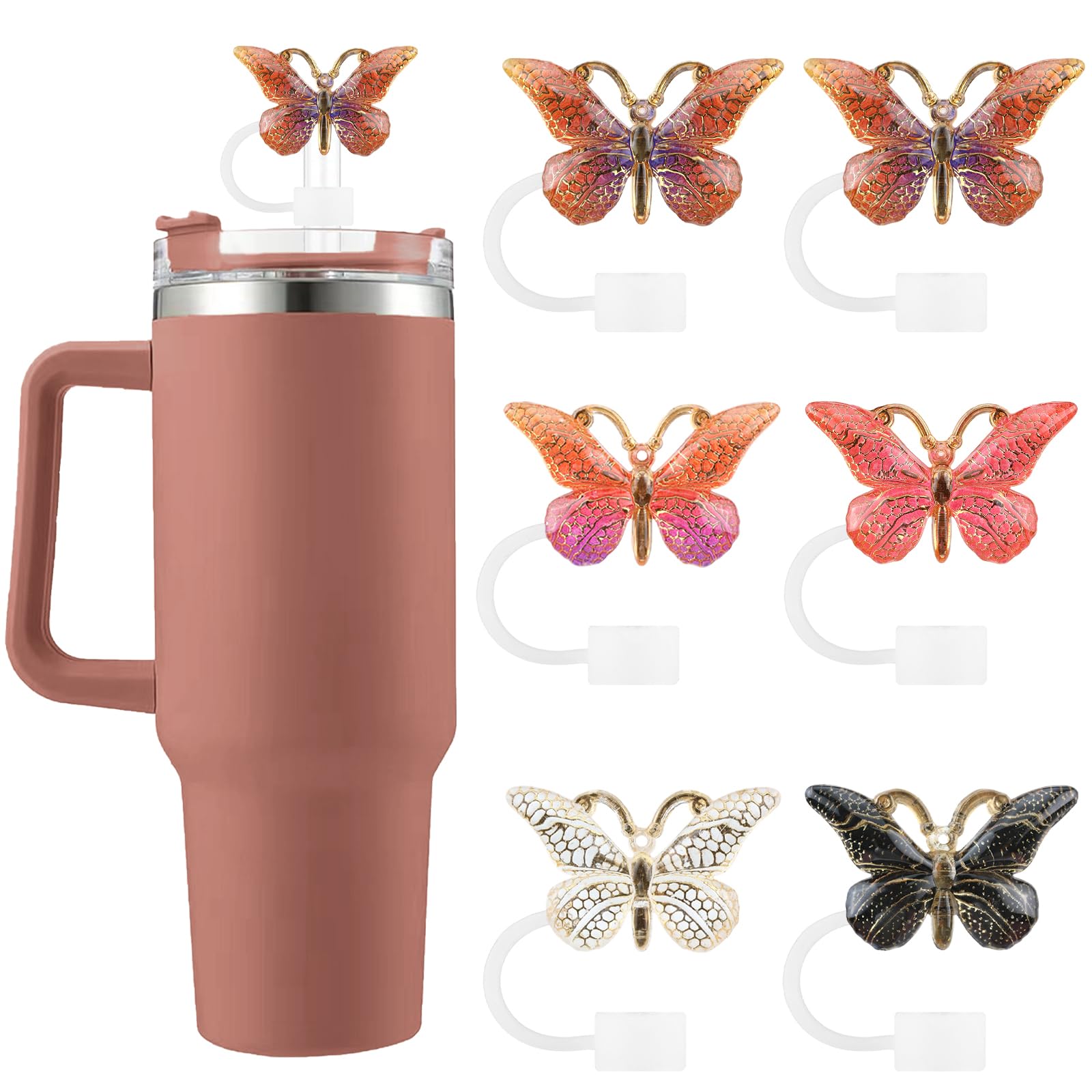 SEMATA 6PCS Cute Butterfly Straw Cover Cap for Stanley Cup Accessories,Bling Straw Toppers for Stanley Tumbler 40&30 oz,Reusable Straws Tips Protectors Compatible with 10mm Straws