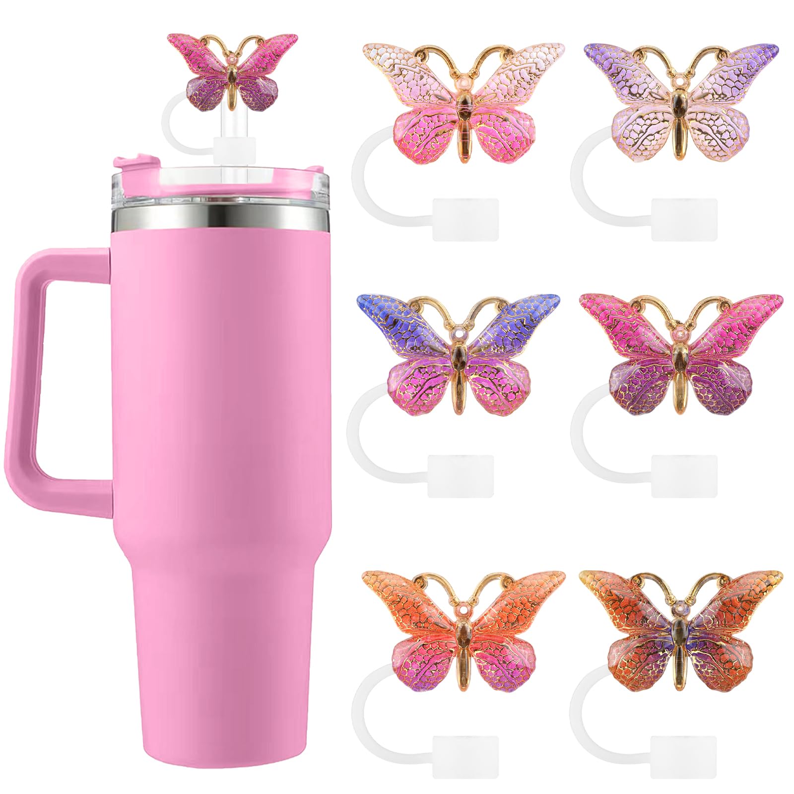 SEMATA 6PCS Cute Butterfly Straw Cover Cap for Stanley Cup Accessories,Bling Straw Toppers for Stanley Tumbler 40&30 oz,Reusable Straws Tips Protectors Compatible with 10mm Straws