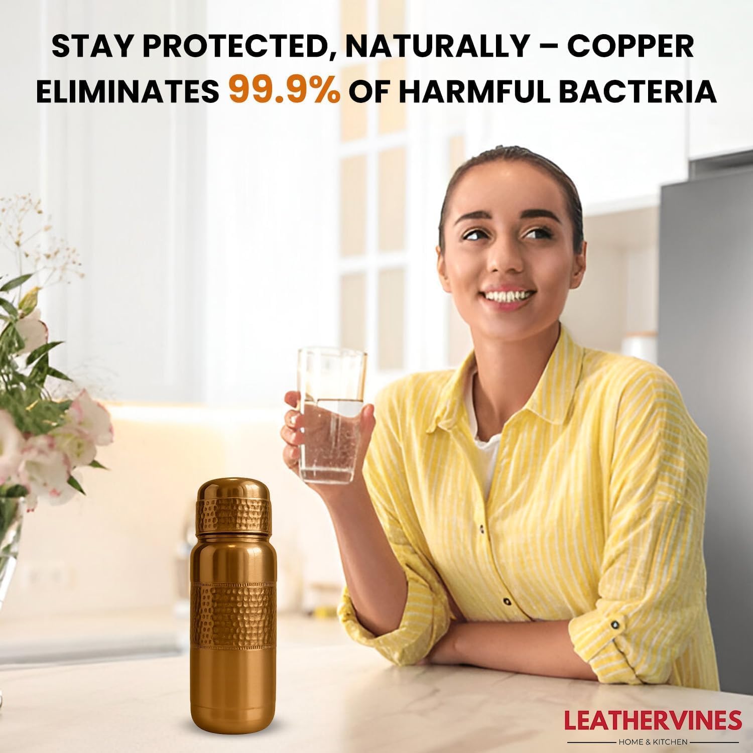 Leathervine 100% Pure Copper Water Bottle for Drinking 64 oz with Lid| Leak Proof Ayurvedic Vessel to Support Digestion, Immunity | Lightweight, Eco-Friendly, Travel Use, Best Gift for Wellness Lovers