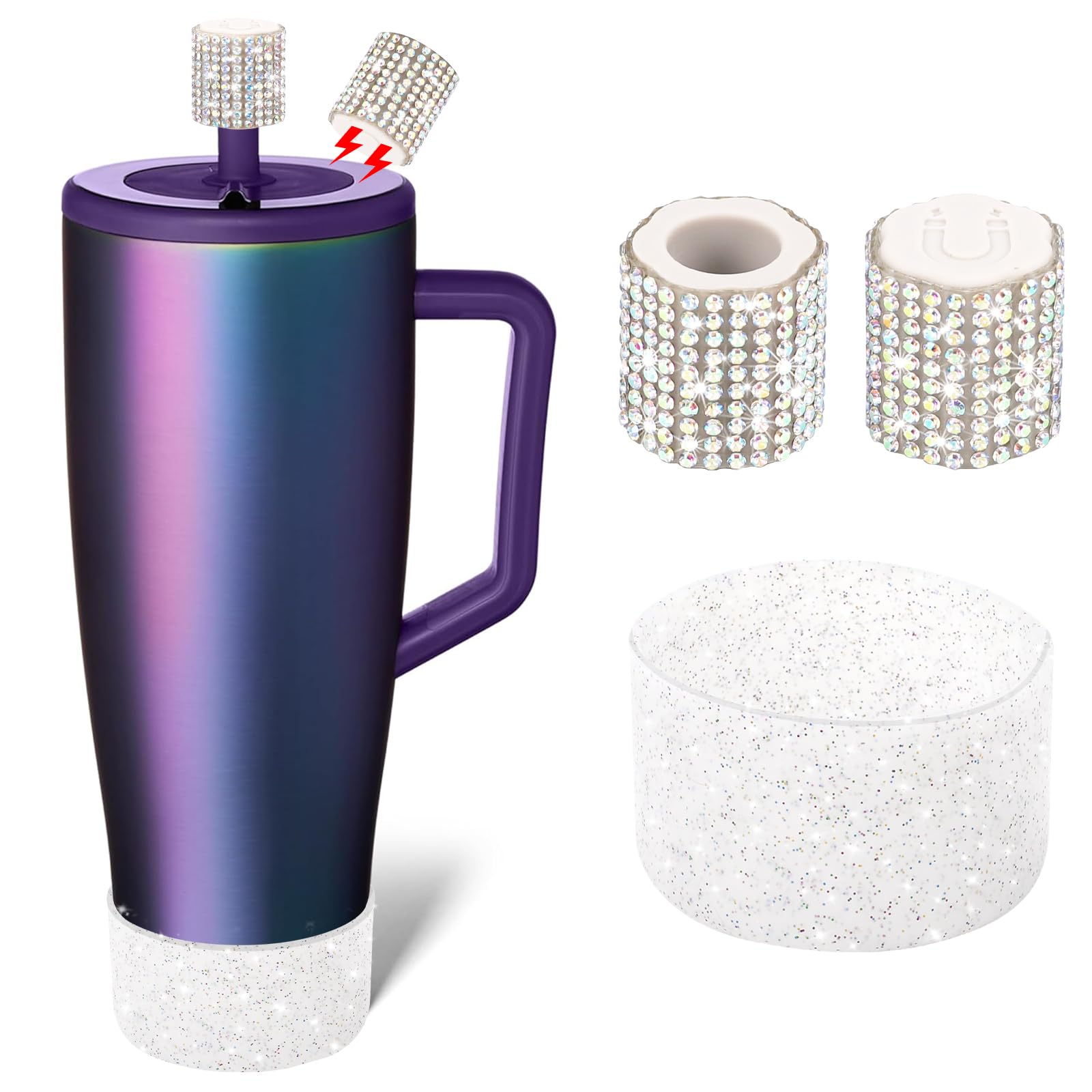 SLEILIN Silicone Boot and Rhinestone Magnetic Straw Cover Cap Compatible with BrüMate Era | Anti-Slip Silicone Protector for 40 oz Tumbler with Handle | Accessory Set for Stainless Steel Drinking Cup