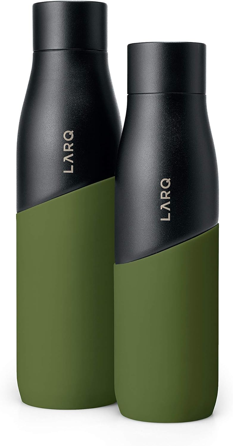 LARQ Bottle Movement PureVis 32 oz- Lightweight Self-Cleaning and Non-Insulated Stainless Steel Water Bottle with UV Water Purifier | Reusable & Travel Friendly, Black/Pine