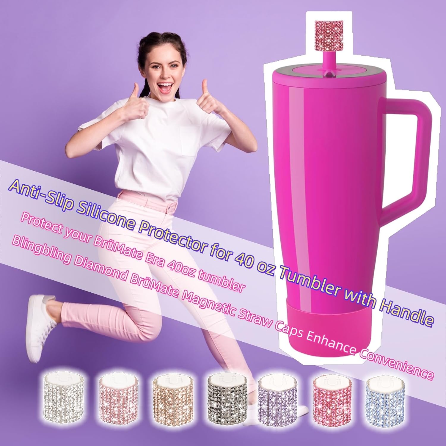 SLEILIN Silicone Boot and Rhinestone Magnetic Straw Cover Cap Compatible with BrüMate Era | Anti-Slip Silicone Protector for 40 oz Tumbler with Handle | Accessory Set for Stainless Steel Drinking Cup