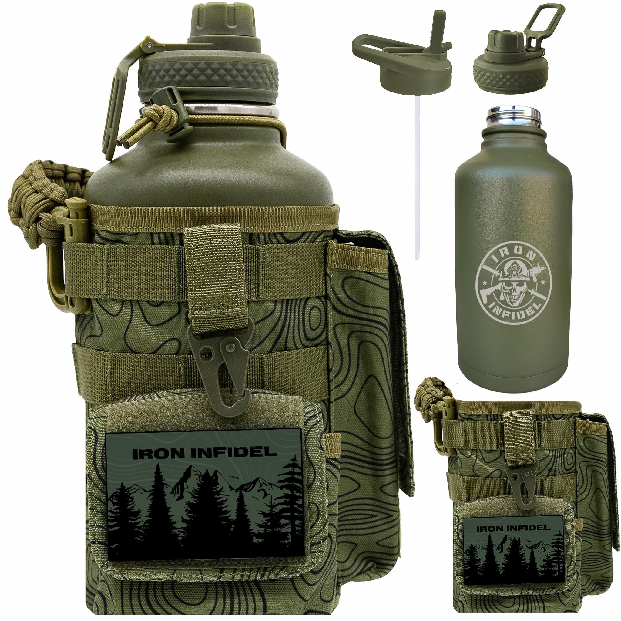 Iron Infidel Battle Bottle - One Gallon Insulated Water Bottle with Dual Carry Handles - 128 oz Tactical Stainless Steel Water Jug & Rugged Extra Large Sleeve With Storage (Betsy 128 Ounces)